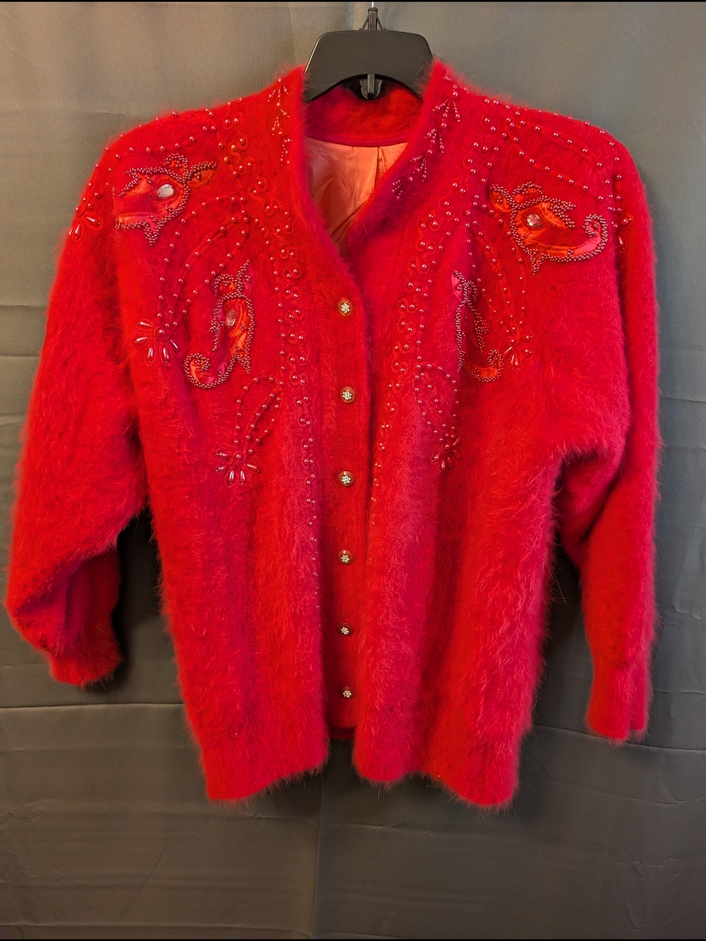 Vintage 80s Hot Pink Beaded Angora Fuzzy Cardigan Sweater - Statement Paisley